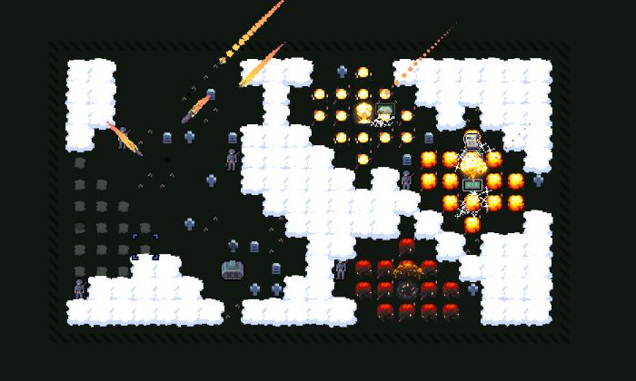 Геймплей Click and Conquer: пиксельное поле, облака, взрывы